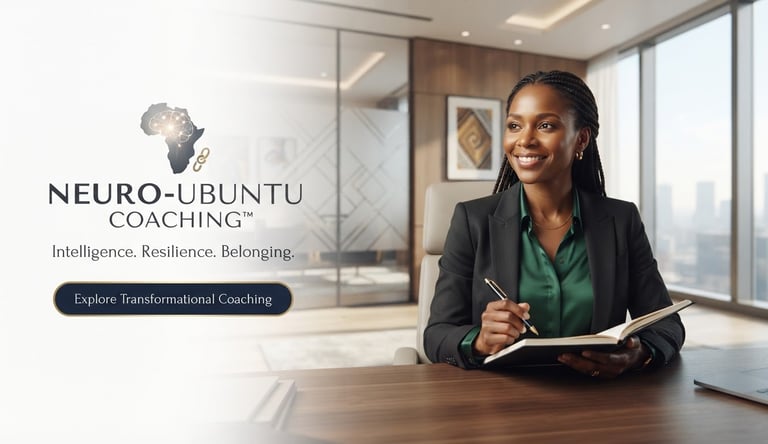 Professional female executive at desk for Neuro-Ubuntu transformational leadership coaching.