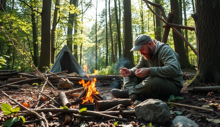 A man practicing bushcraft in the forest, with a small fire.