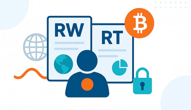 Illustrazione flat di CAF Public che spiega la differenza tra quadro RW e quadro RT nella dichiarazione di asset esteri e cri