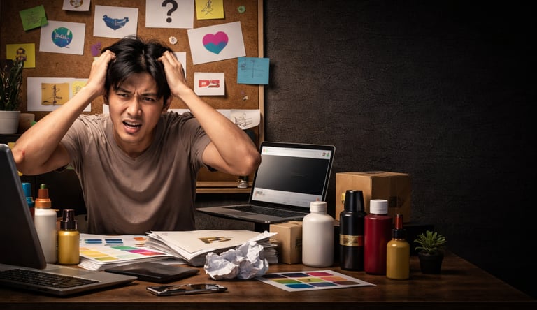 person frustrated at desk with branding materials and notes