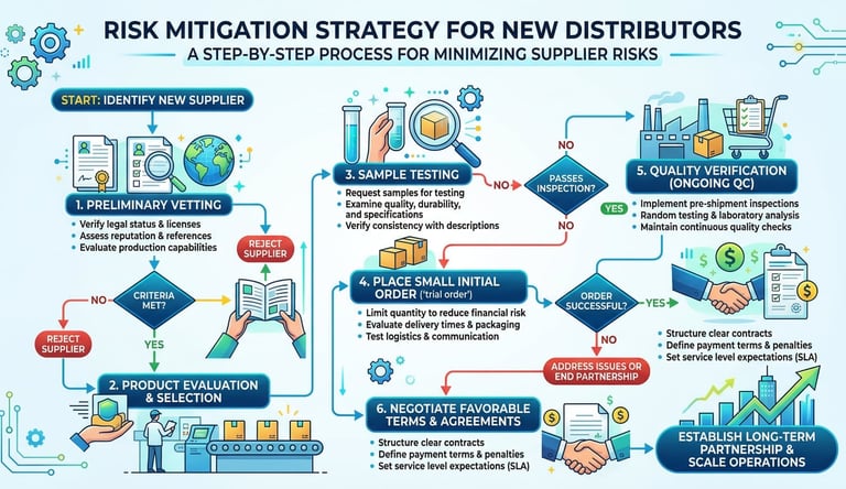 Risk mitigation strategy infographic for new distributors showing quality verification and safety measures