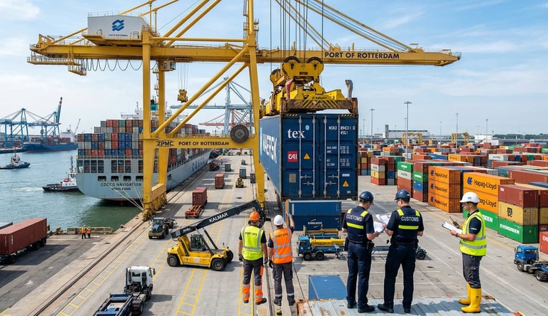 Busy international port with shipping container being unloaded from cargo vessel by large crane