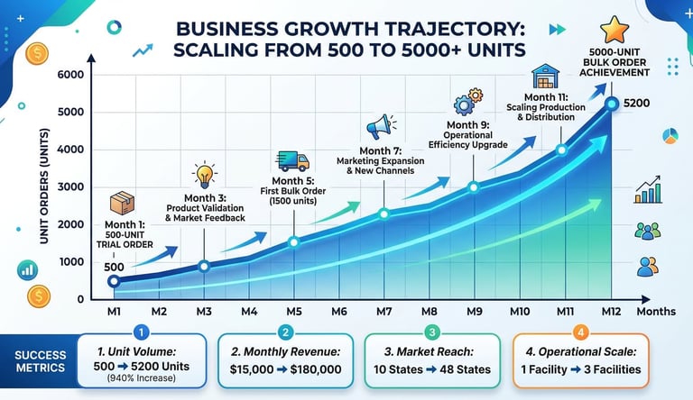 Growth trajectory chart showing business scaling from 500-unit trial orders to 5000-unit bulk orders