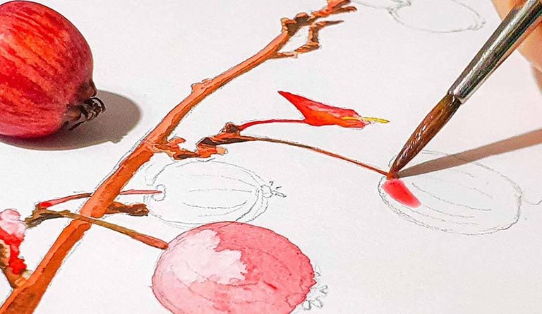 botanische schildering met rode besjes