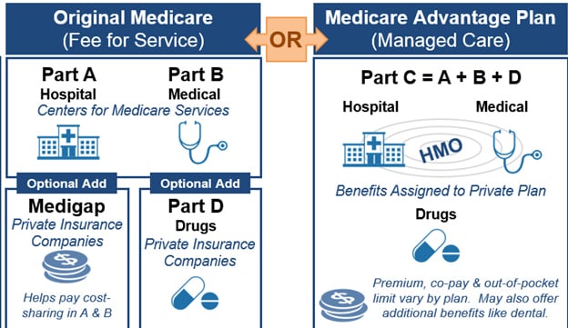 Explain original Medicare Part A and B. Medicare Advantage or Part C. option to buy Medigap and part D with original Medicare