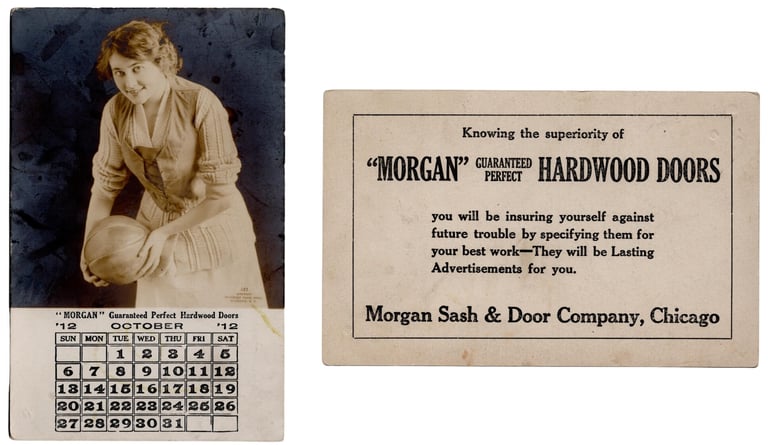 Early Victorian Advertising Trade Card featuring Basketball Morgan Hardwood Doors