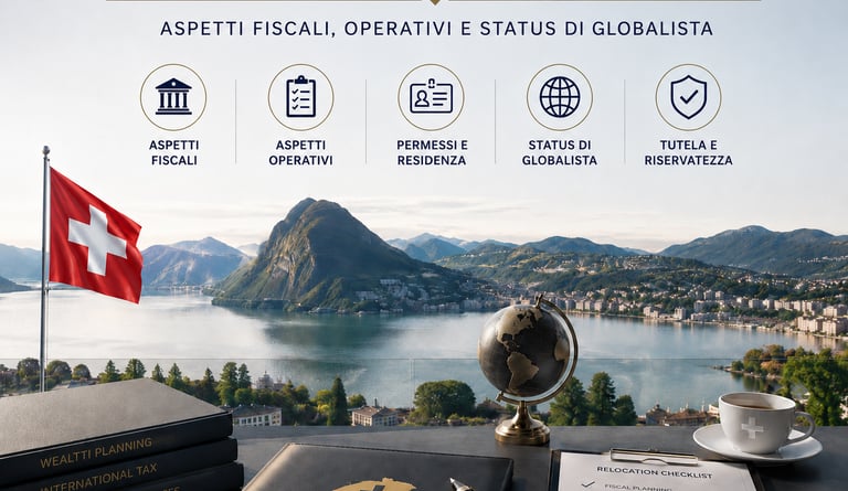 Infographic about transferring residency to Switzerland with a scenic mountain lake background.