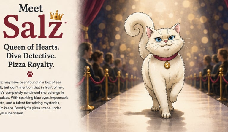 white cat, pizzza-loving detective cat of Salz & Peppa Detective Agency