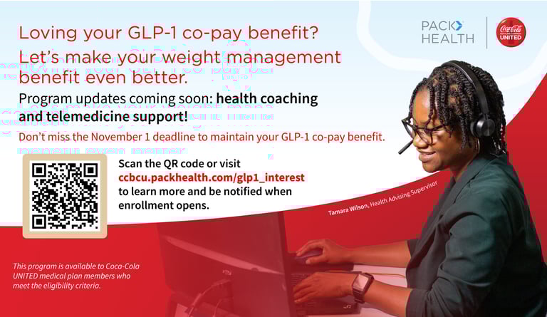 Health advisor wearing a headset next to GLP-1 weight management program updates and a QR code.