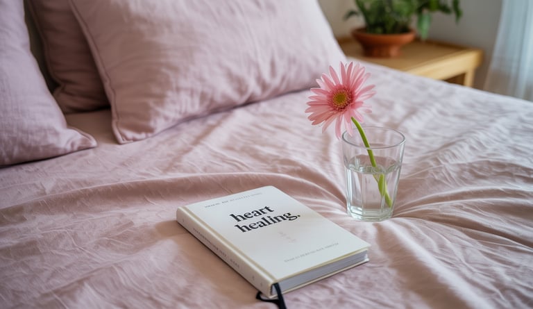 a book and a glass of water on a bed