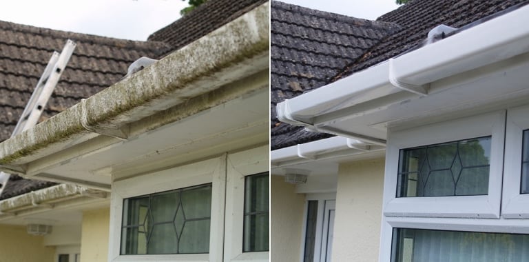 UPVC Cleaning of gutters and soffits before and after views , carried out by C Thru , Exeter.