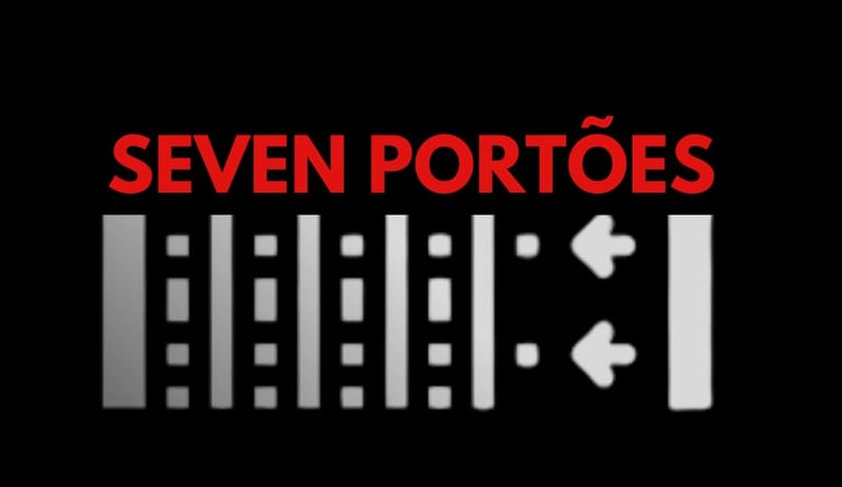 Seven Portões logo featuring red text above a white gate icon with directional arrows on a black background.
