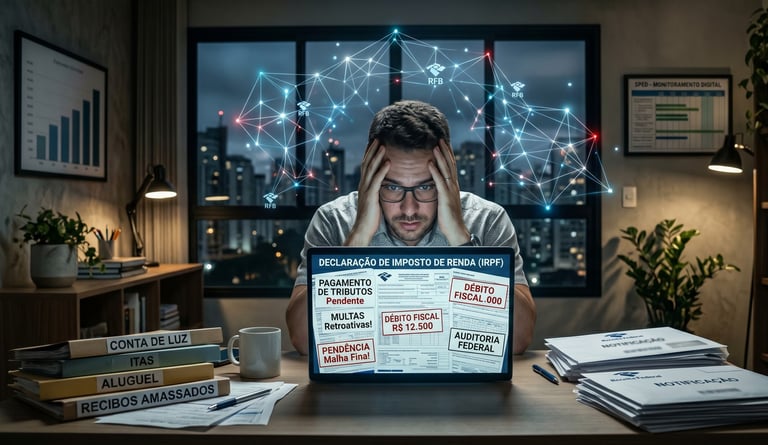 Profissional estressado preenchendo a declaração do Imposto de Renda no computador com o risco da malha fina digital