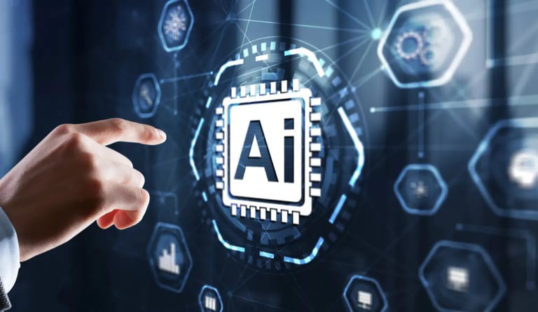 En hand pekar in mot en digital vägg med en vit AI-symbol.