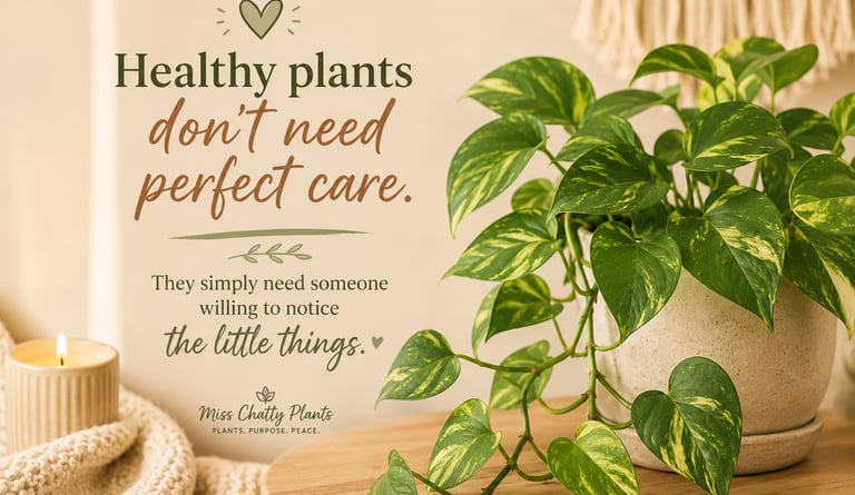 Inspirational quote beside a healthy trailing pothos on a warm neutral background.
