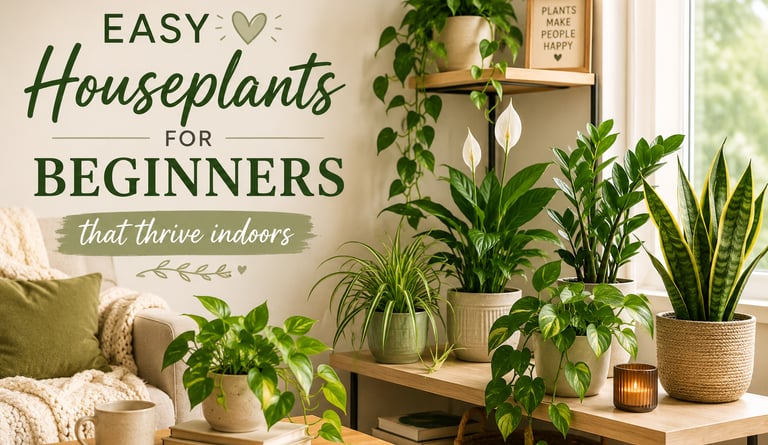 Easy houseplants for beginners in a cozy living room with natural light and healthy green foliage.