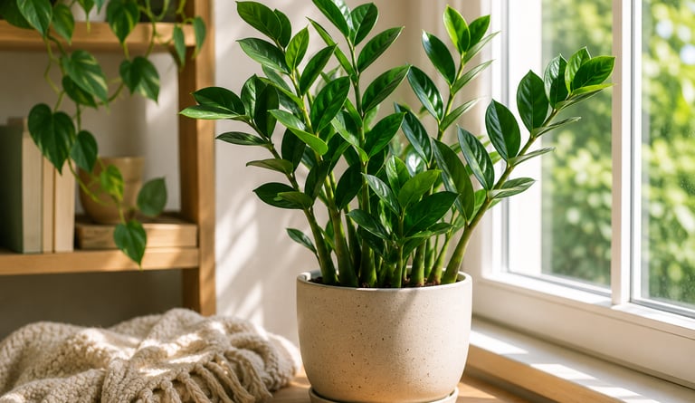 Healthy ZZ plant with glossy green leaves growing beside a bright window in a cozy home.
