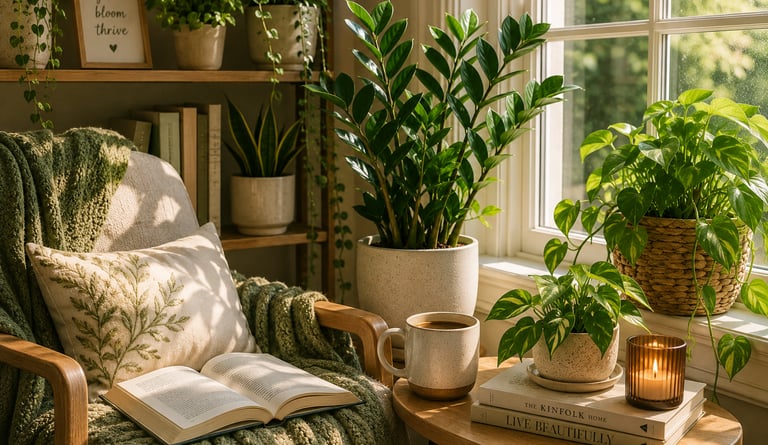 Cozy reading nook with coffee, sunlight, and beginner-friendly houseplants in a relaxing home.