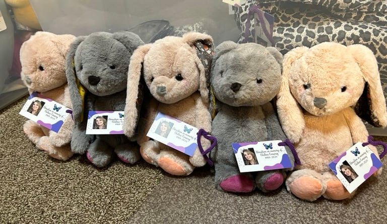 Stuffed bunnies with donation tag