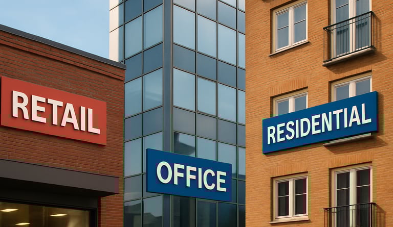 Icons representing different types of buildings (retail, office, residential)
