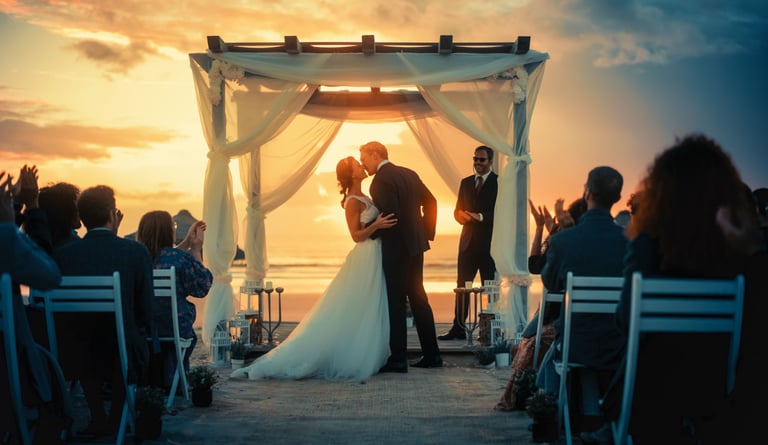 Ceremony only wedding video package Glasgow—sunset ceremony kiss beneath white canopy