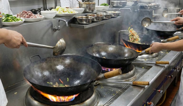 a person cooking in a kitchen with a lot of food,chinese cooking