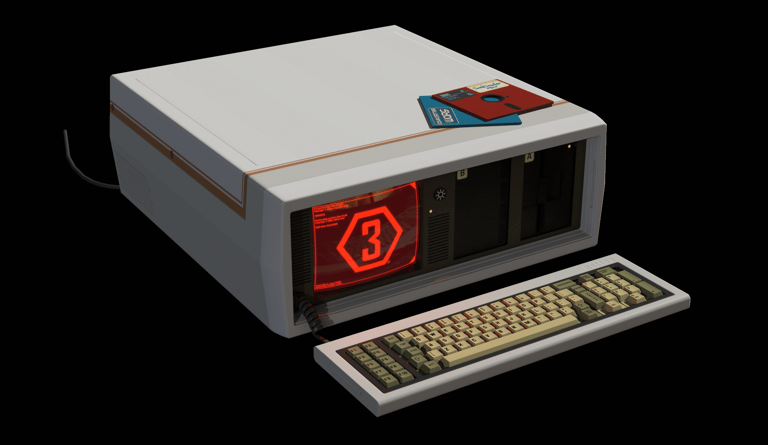 3D rendering of an old portable computer monitor and keyboard positioned on a desk.