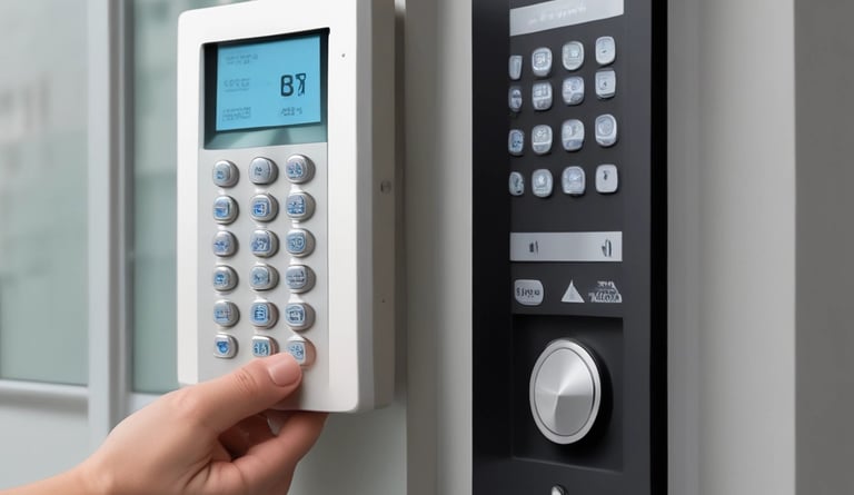 A friendly receptionist answering an intercom at a secure building entrance.