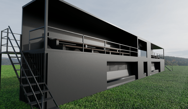 Vista lateral en perspectiva de módulo modular para eventos con grada cubierta y escalera exterior