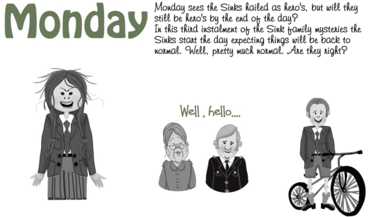 a cartoonish illustration of a woman with crazy hair and boy with a bicycle