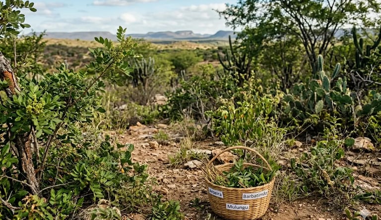 Cesto de vime com Aroeira, Barbatimão e Mulungu na Caatinga brasileira seca.