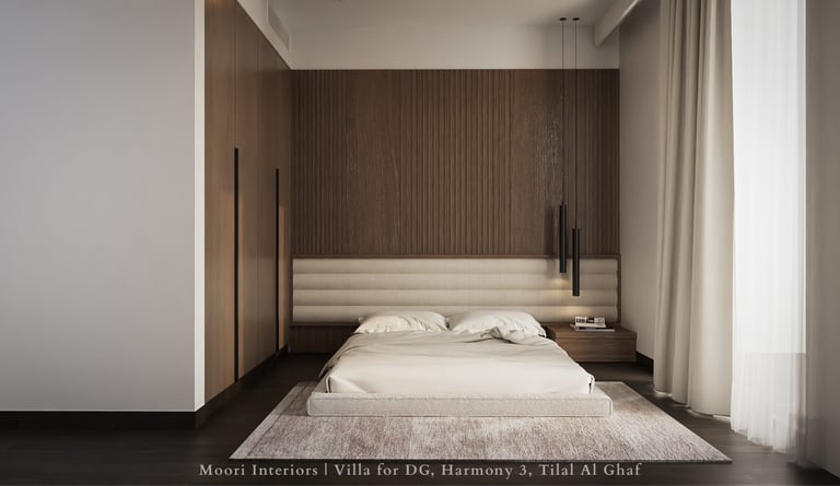 Bedroom with a light beige bed, a fluted wood accent wall, and a rug.