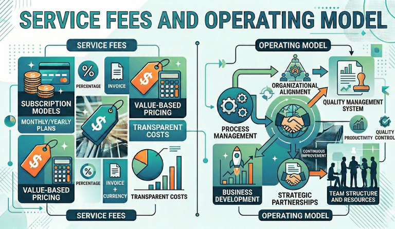 Diagram of service fees and operating models showing subscription plans and business process management.