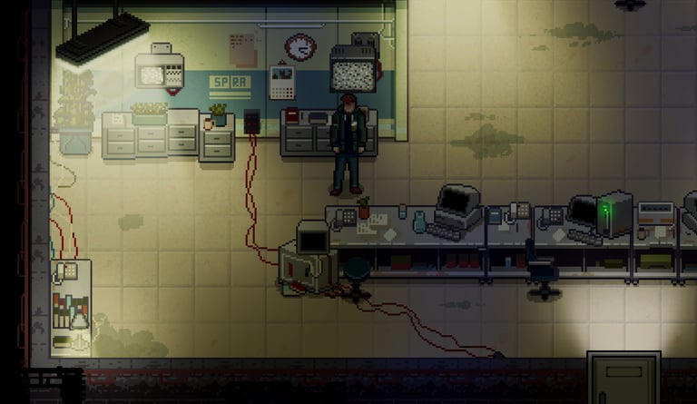a pixel art man in a strange laboratory
