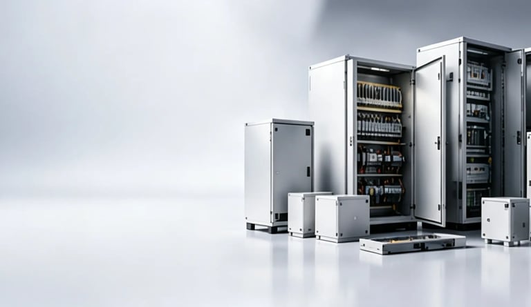 Industrial electrical control panels and modular steel enclosures arranged in a clean studio setting.