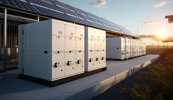 Industrial solar energy storage system with white battery cabinets under solar panels at sunset.