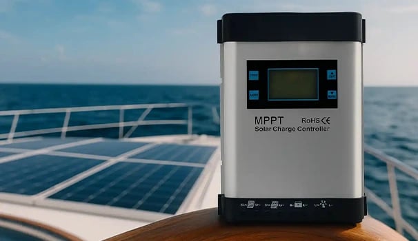 An MPPT solar charge controller installed on a boat deck with marine solar panels and ocean background.