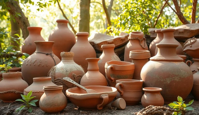 An artistic arrangement of primitive pottery with naturally sourced clays.