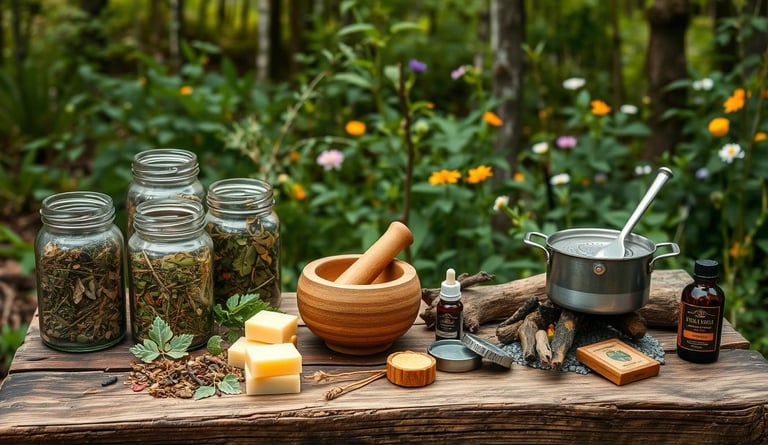 Wooden table displaying the process of making herbal salves: