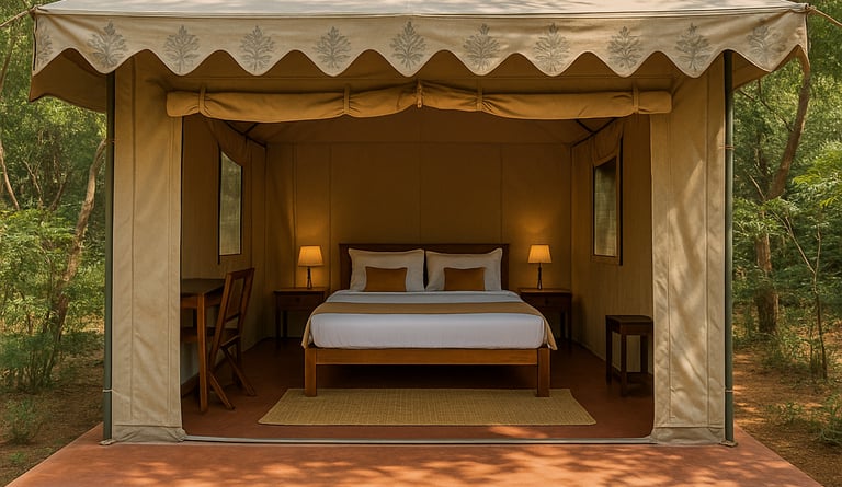 a tented tent with a bed and a bed in it