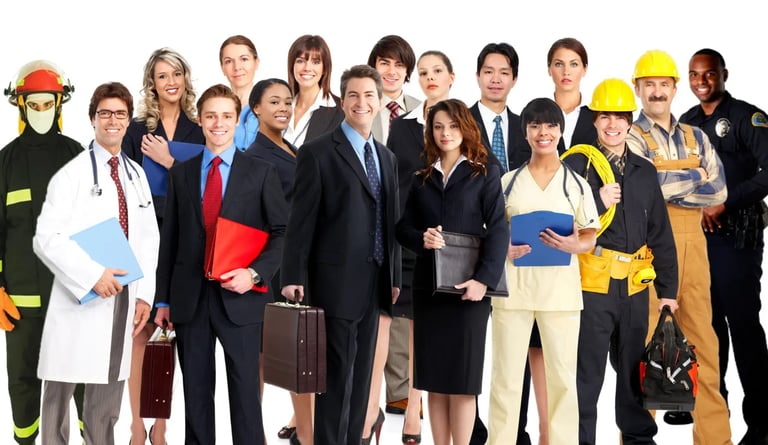A group of professionals from various occupations, including healthcare, construction, standing together