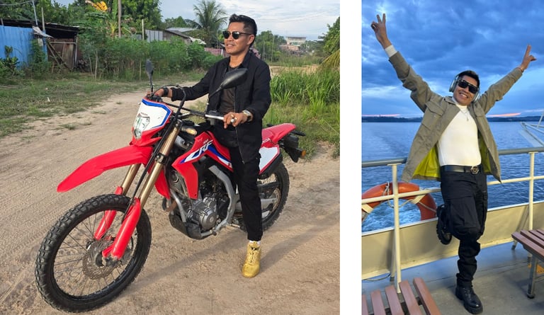 Roger Bardales posing on his iconic red Honda dirt bike and celebrating on a boat deck at sunset.