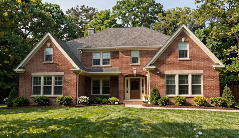 Low-angle wide shot of a beautiful brick home in Northville, Michigan, with immaculate garden beds and a perfectly cleared lawn in soft morning light, 35mm