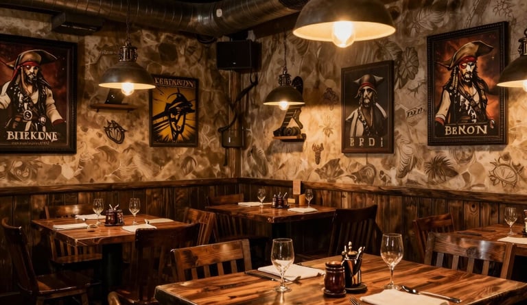 Cozy restaurant interior with warm lighting and a table set for a family meal.