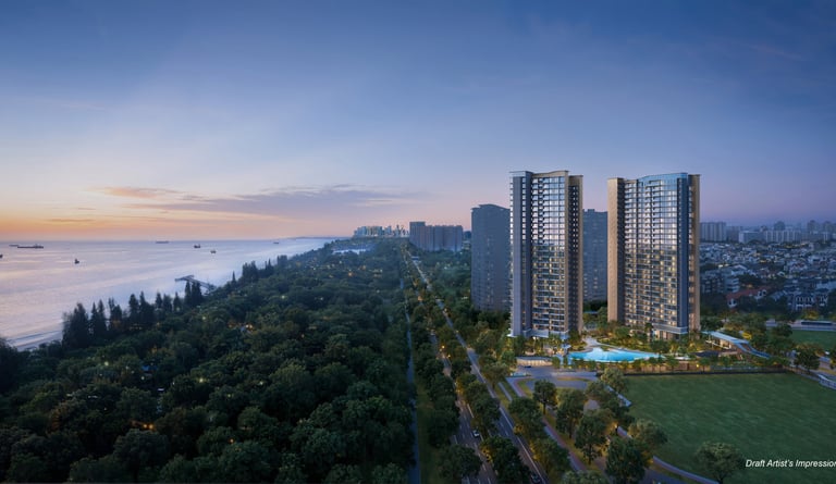 Luxury high-rise residential apartments at twilight overlooking a lush coastal park and ocean sunset.