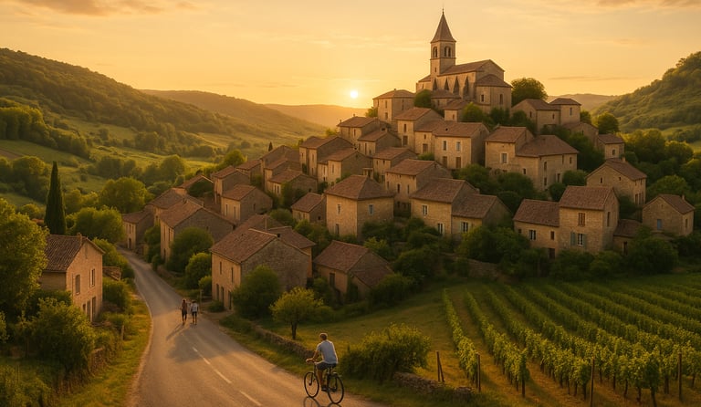 A scenic hilltop village in rural France surrounded by vineyards and rolling hills, bathed in golden sunset light.