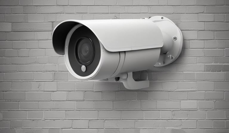 white surveillance camera hanging on wall