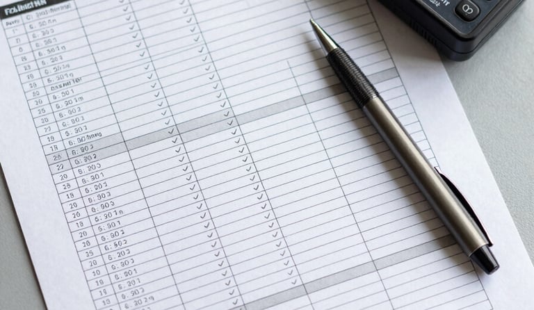 Overhead view of an audit checklist with measurement readings filled in, a digital meter and a pen resting beside the document on a clean grey surface, structured table rows partially ticked, cool north-facing daylight, precise and methodical composition