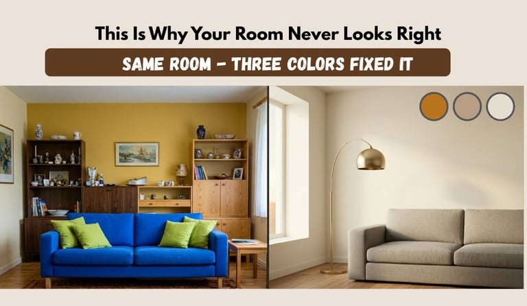 color scheme for living room before and after showing three color rule versus too many colors.