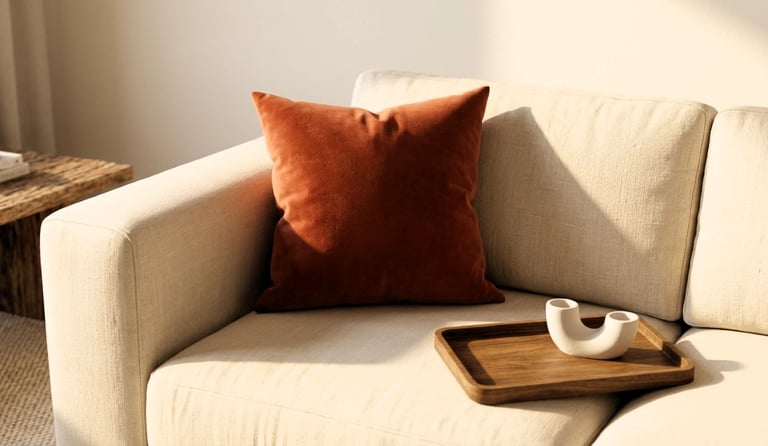 earthy tones living room color scheme with terracotta velvet cushion beige sofa and warm wood tray